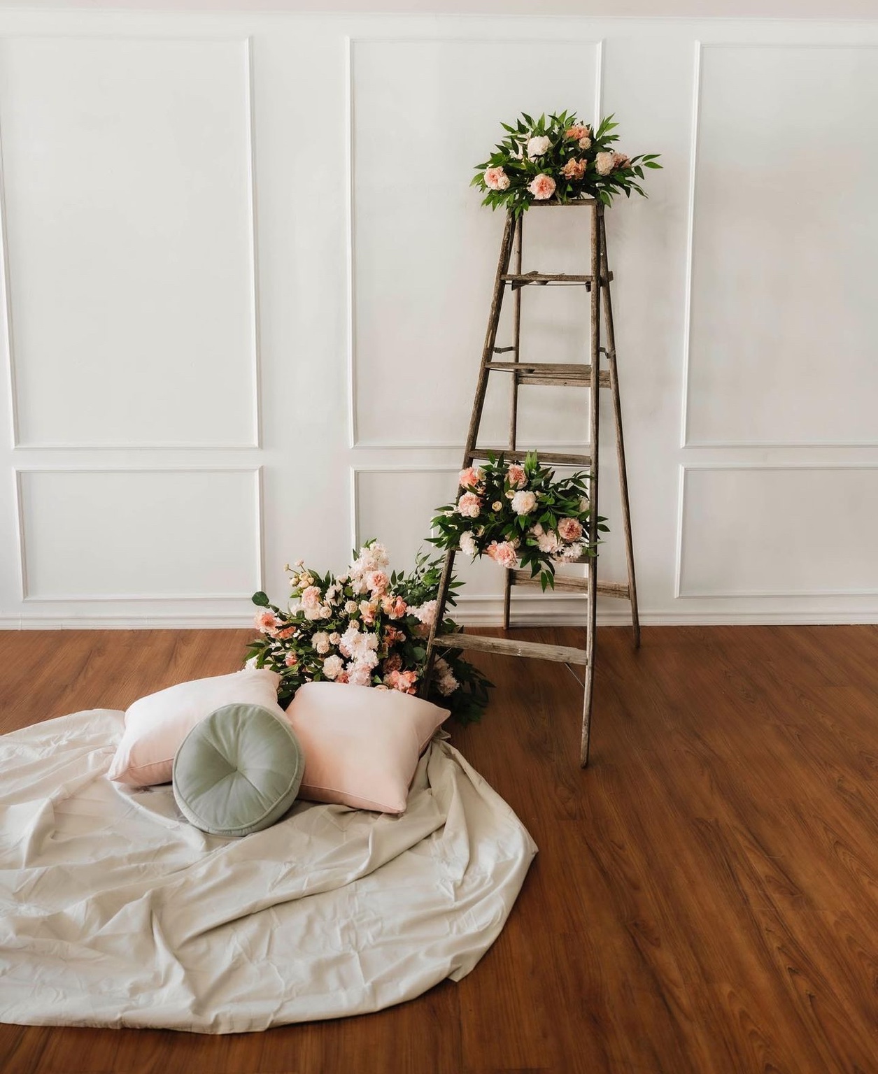 Flower ladder and floor cushions in the studio